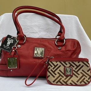 Tignanello red leather/silver bag with matching wristlet, detachable keychain